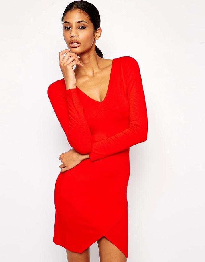 Asos Plunge Asymmetric Skirt Body-conscious Dress - Black