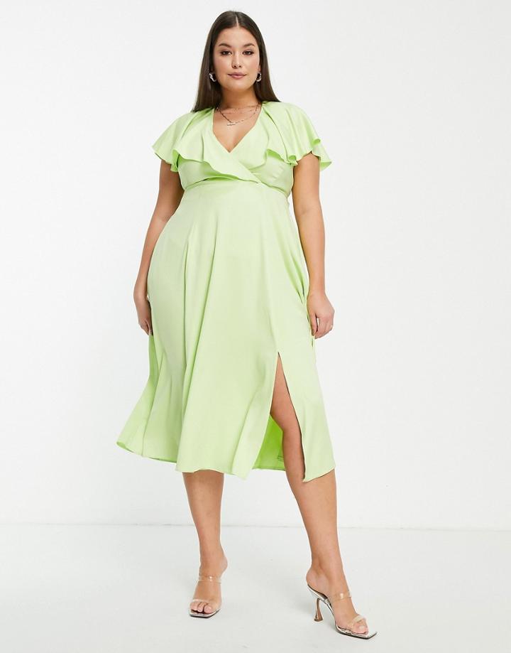 Closet London Plus Ruched Waist Flutter Sleeve Midi Dress In Lime-green
