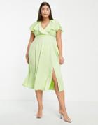 Closet London Plus Ruched Waist Flutter Sleeve Midi Dress In Lime-green