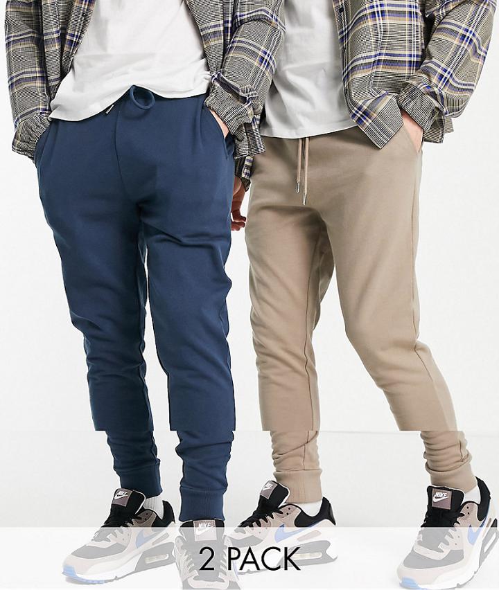 Asos Design Skinny Sweatpants In Beige & Navy 2 Pack-multi