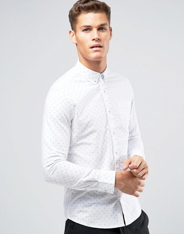 Burton Menswear Slim Printed Oxford Shirt In White - White