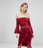 Silver Bloom Scuba Frilled Bodycon Midi Dress - Red