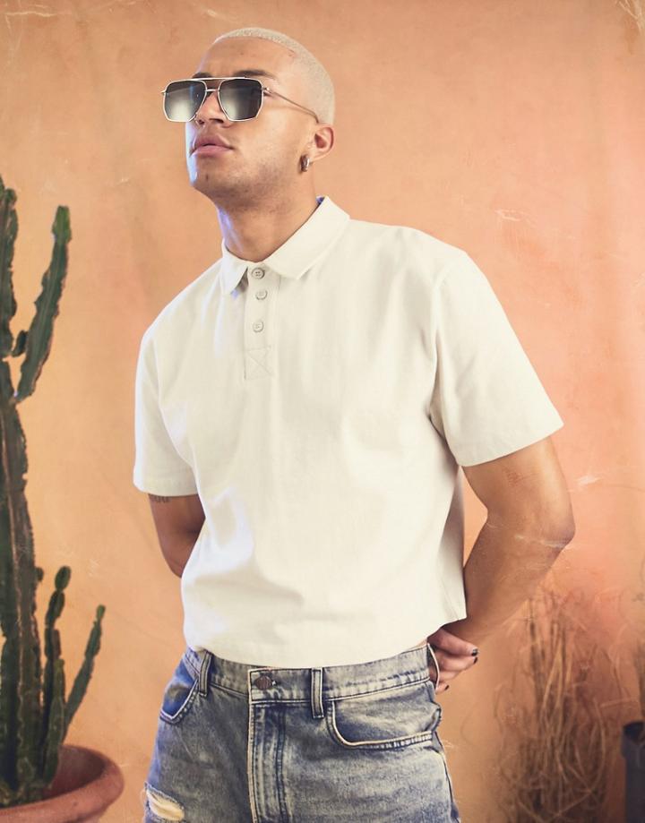 Asos Design Relaxed Heavyweight Polo In Beige-neutral