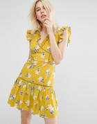 J.o.a Sleeveless Tea Dress With Ruffle Details In Vintage Floral - Yellow