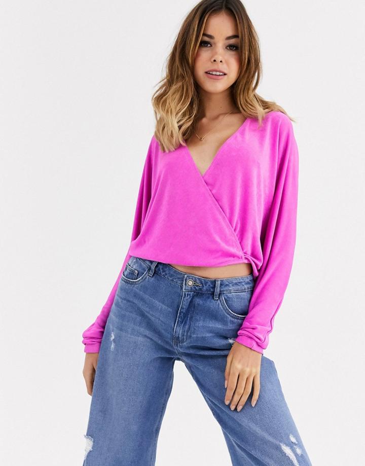 Asos Design Wrap Top In Slinky Fabric With Batwing Sleeve In Purple