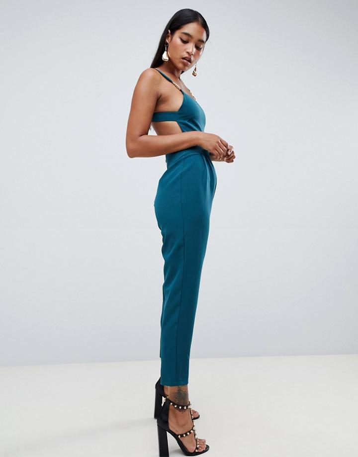 Asos Design Square Neck Jumpsuit With Gold Trim Detail - Blue