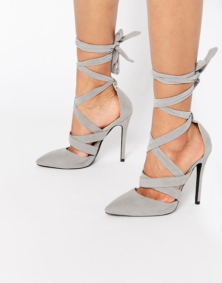 Public Desire Blake Tie Up Heeled Shoes - Light Grey Suede