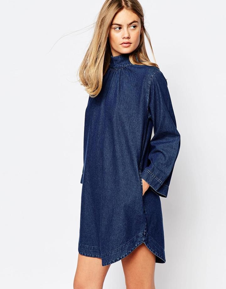 Rollas High Neck Denim Tunic Dress - Blue