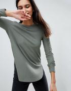 Asos Crew Neck Long Sleeve Top With Curve Hem - Green