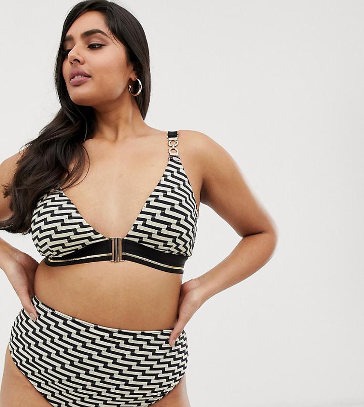 River Island Plus Bikini Top In Zig Zag Print - Black