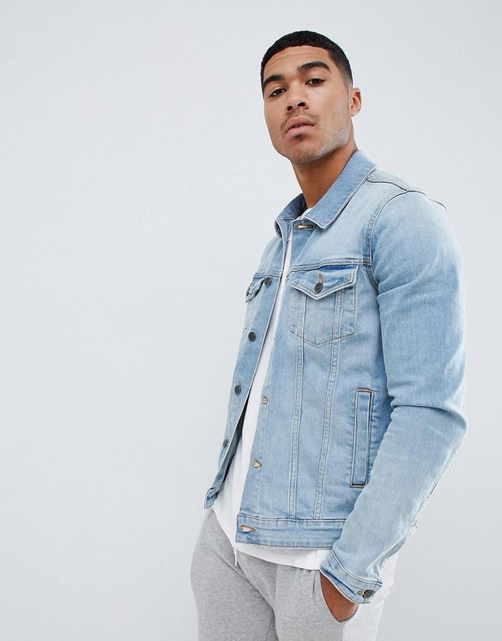 Asos Design Skinny Western Denim Jacket In Light Wash - Blue