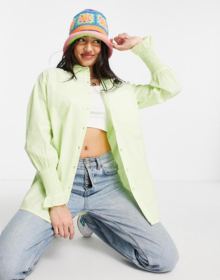 Influence Poplin Shirt With Gathered Sleeve In Green