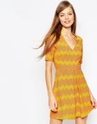 Asos A Line Skater Dress In Bright Zig Zag Jacquard - Orange