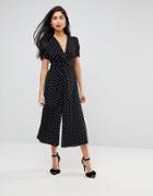Asos Tea Jumpsuit With Knot Front In Spot - Multi