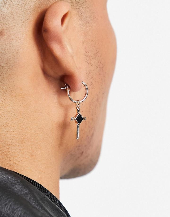 Asos Design Hoop Earrings With Crosses In Gold Tone And Black Gems