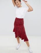 Asos Design Midi Skirt With Ruffle Detail In Red Leopard Print - Multi
