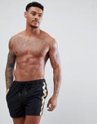 Asos Design Swim Shorts In Black With Gold Side Tape Short Length