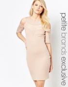 John Zack Petite Mesh Insert Cold Shoulder Plunge Bodycon Dress - Caramac