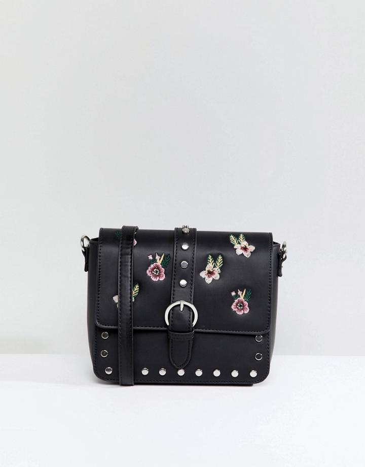 Bershka Embroidered Chain Detail Bag In Black - Black