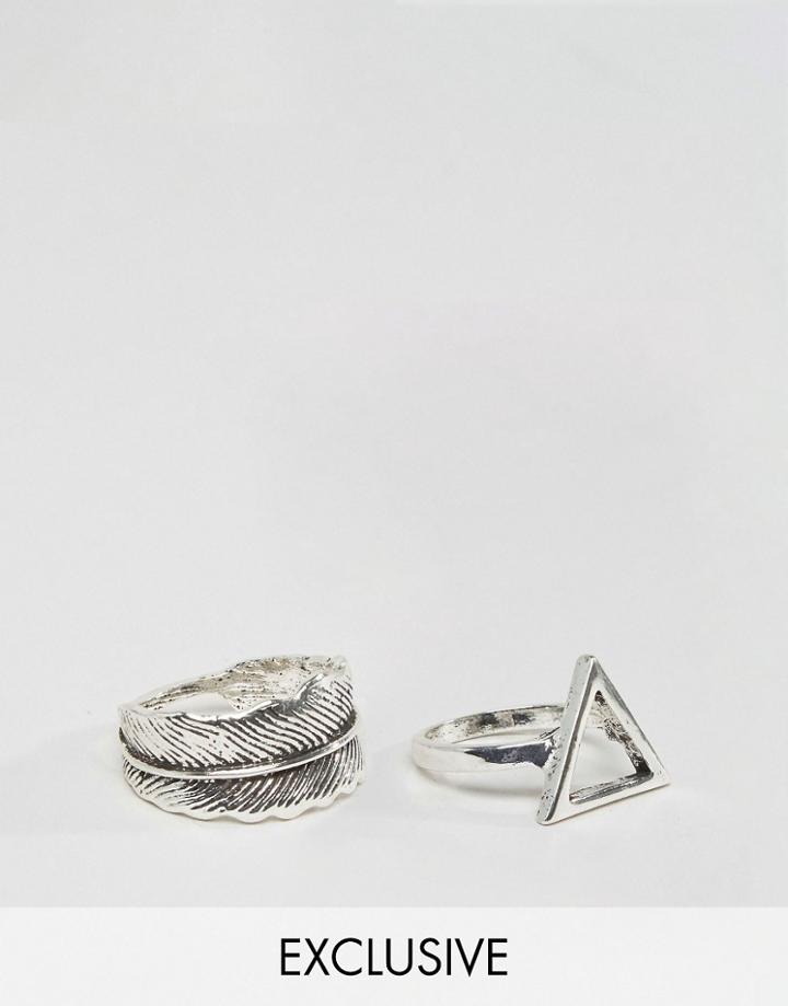 Designb London Feather & Triangle Ring In 2 Pack Exclusive To Asos - S