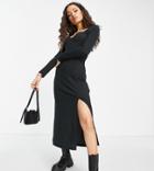 Asos Design Petite Sweetheart Neck Ribbed Midi Dress With Long Sleeves In Black