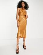 Asos Design Cowl Neck Halter Midi Dress With Tie Wrap Waist In Tan-brown