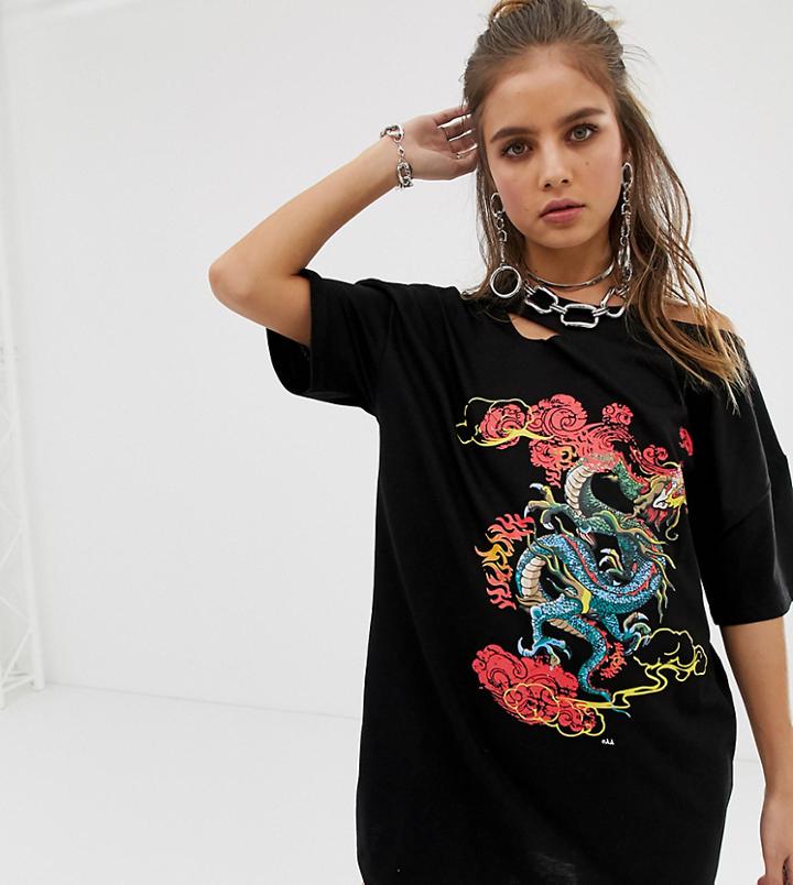 One Above Another Oversized T-shirt Dress With Distressing With Dragon Print - Black