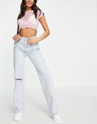 Pull & Bear 90's Wide Leg Jeans With Rip In Light Blue-blues