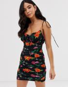 Skylar Rose Tie Shoulder Mini Dress In Ruched Floral-black