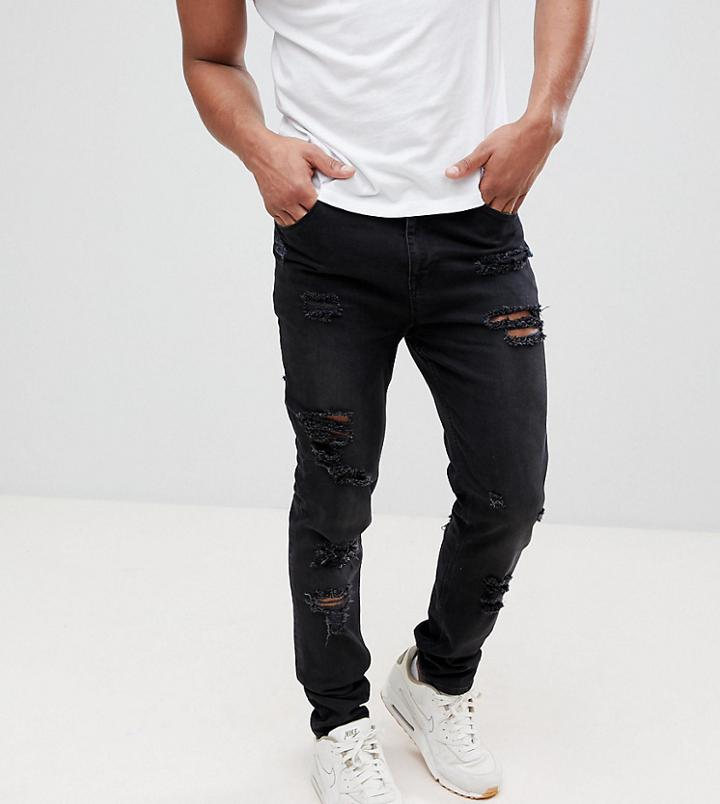 Asos Tall Tapered Jeans In 12.5oz In Washed Black With Heavy Rips - Black