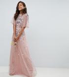 Asos Design Tall Bridesmaid Floral Embroidered Dobby Mesh Flutter Sleeve Maxi Dress - Pink