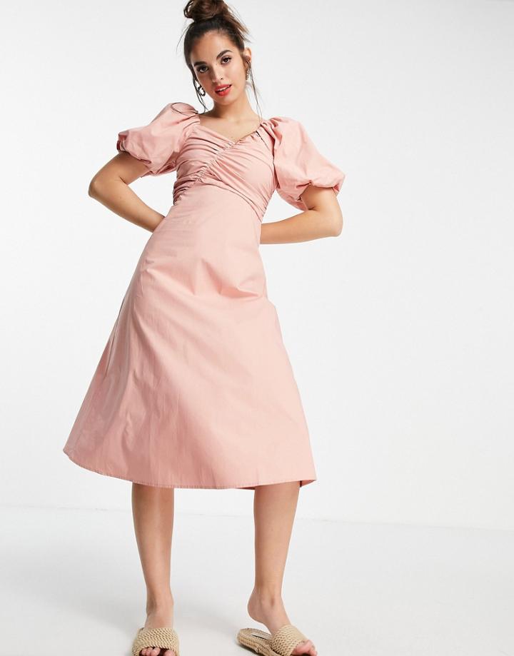 Urban Revivo Gathered Detail Puff Sleeve Midi Dress In Pale Pink