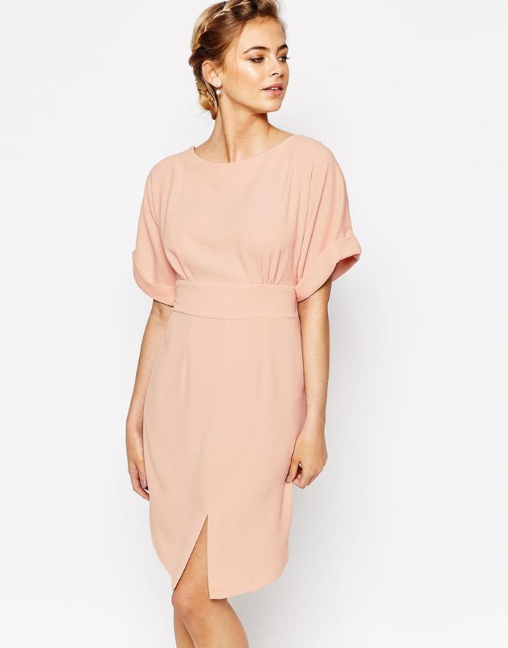Closet Kimono Sleeve Midi Dress With Tie Back Detail And Split Front - Nude