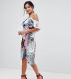 Asos Petite Ruffle Shoulder Mixed Print Floral Midi Dress - Multi