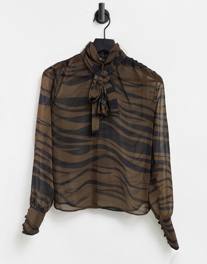 Asos Design Long Sleeve Blouse With Pussybow Detail In Tiger Print-multi