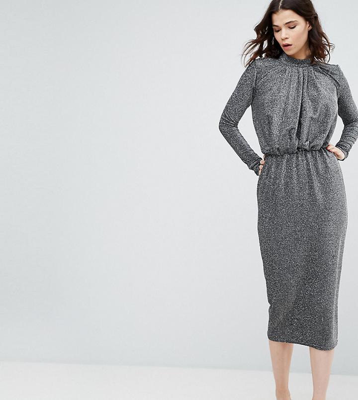 Y.a.s Tall Studio Ruched Bust Detail Pencil Dress With High Neck - Silver