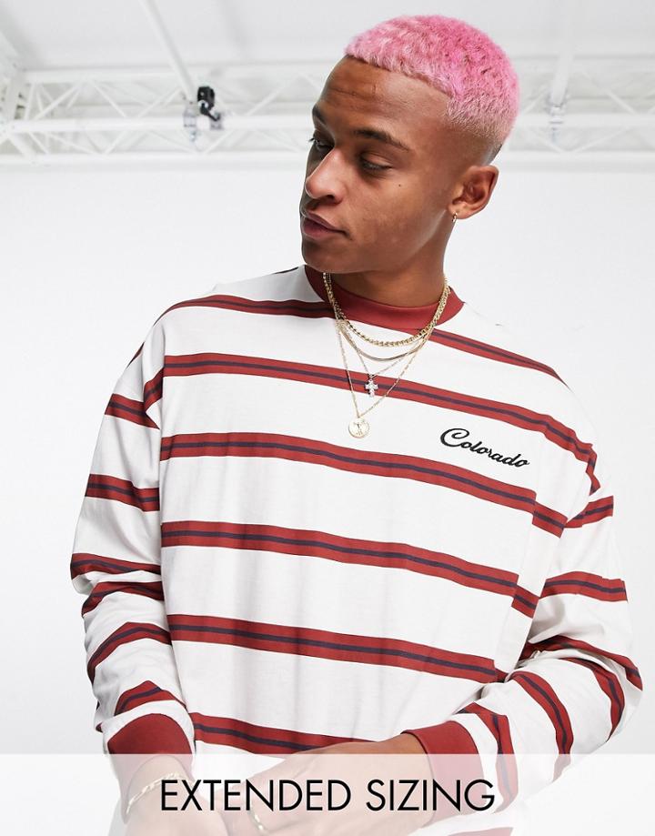 Asos Design Oversized Long Sleeve Stripe T-shirt In Cream With Colorado Chest Print-white