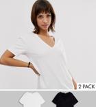 Stradivarius 2 Pack Basic V-neck T Shirts In Black And White