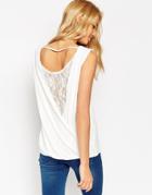 Asos Top In Crepe With Twist Back And Lace Insert - Cream