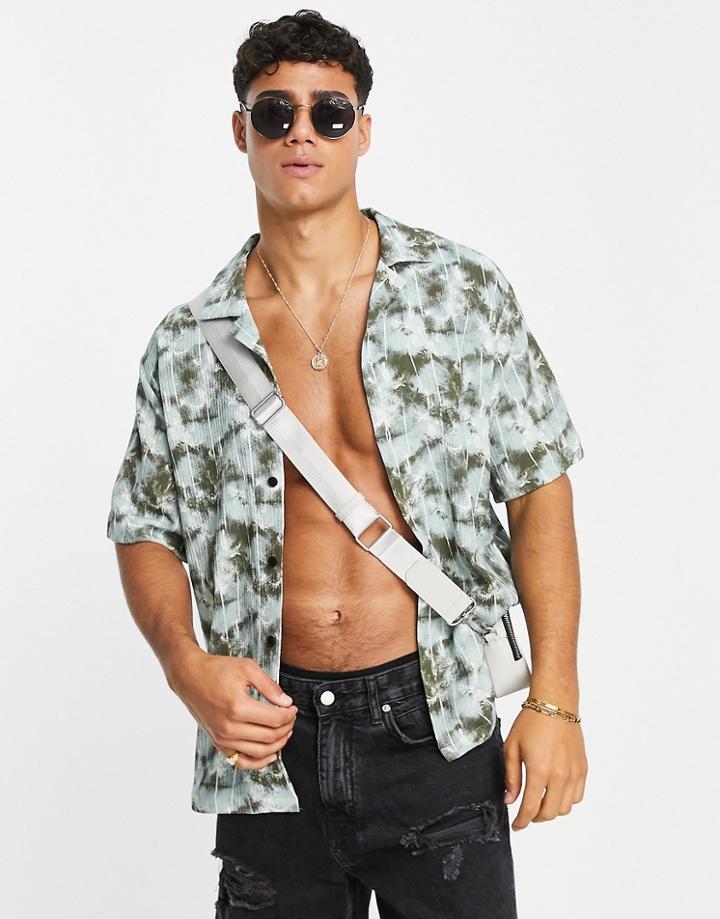River Island Palm Print Revere Shirt In Green-black