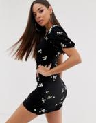 Asos Design Daisy Embroidered Ruched Mini Sundress-black