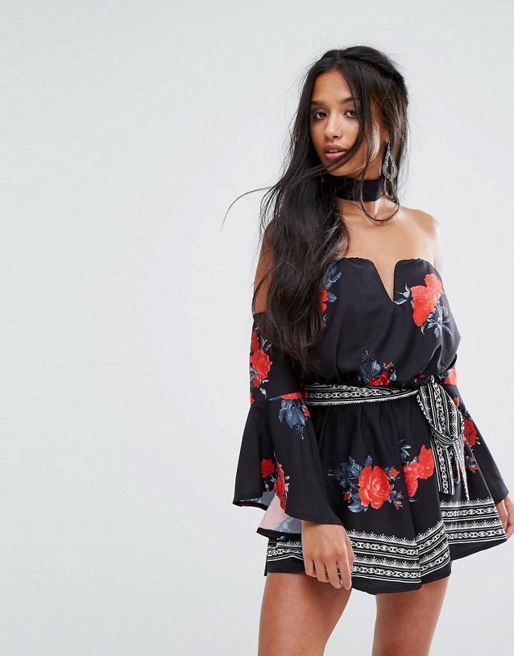 Sisters Of The Tribe Off Shoulder Romper With Sweetheart Neck In Dark Rose - Black