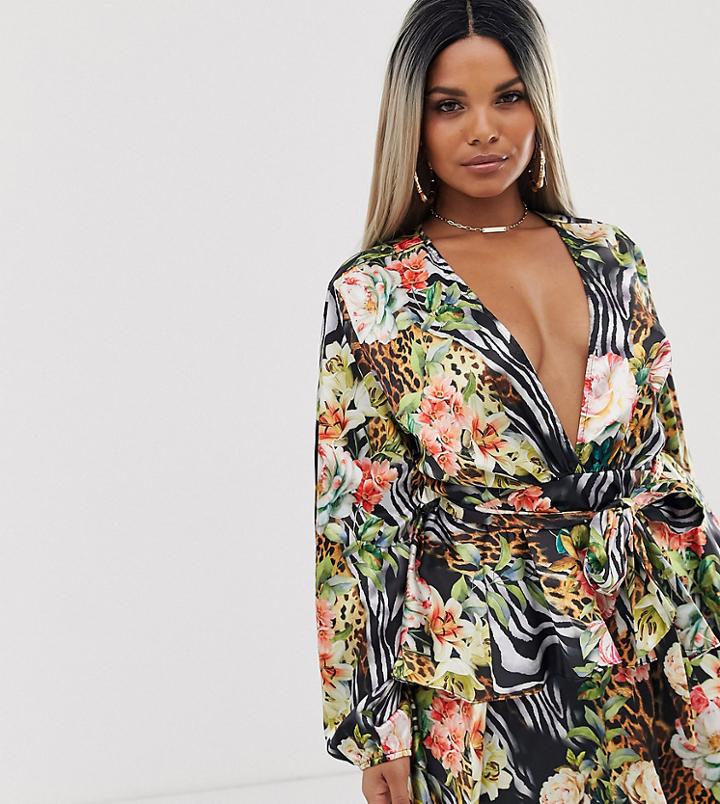 John Zack Plus Plunge Front Skater Dress In Tropical Print-multi