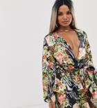 John Zack Plus Plunge Front Skater Dress In Tropical Print-multi