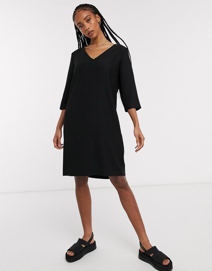 Selected 3/4 Sleeve Tunic Mini Dress In Black