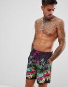 Asos Design Swim Shorts With Landscape Print In Mid Length - Black