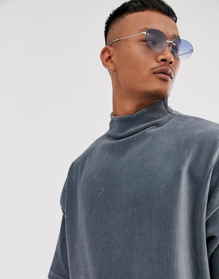 Asos Design Oversized T-shirt With Half Sleeve And Turtleneck In Ribbed Velour In Blue