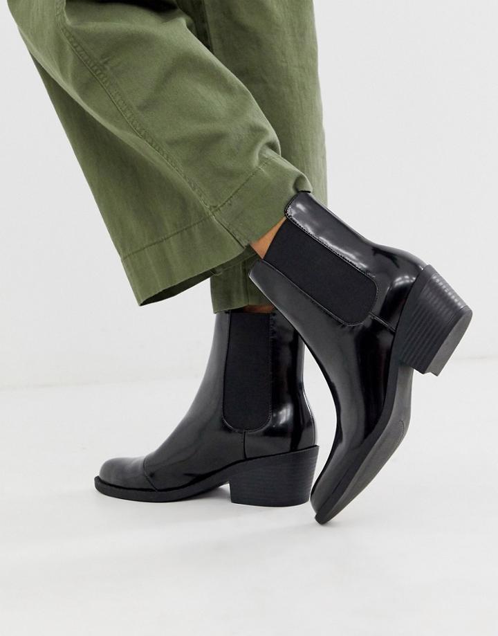 Monki Faux Leather Heeled Boots With Pointed Toe In Black