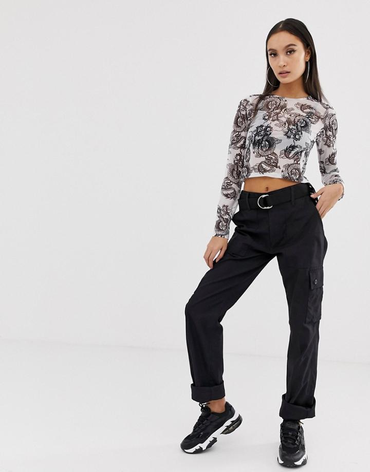 Asos Design Long Sleeve Mesh Top In Dragon Print-white