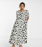 Collusion Plus Pointed Waist Puff Sleeve Animal Print Midi Dress In Beige And Black-neutral